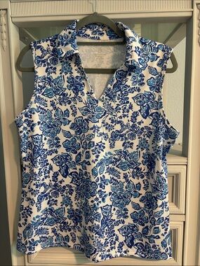 Blue Floral Sleeveless Collared Tank Top